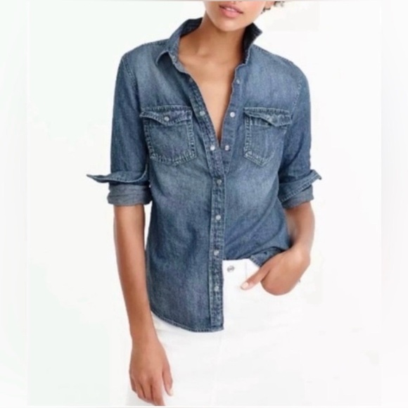 J. Crew Tops - *Like New* J.Crew Woman’s Classic “Western Pearl Snap” Indigo Blue Denim Shirt